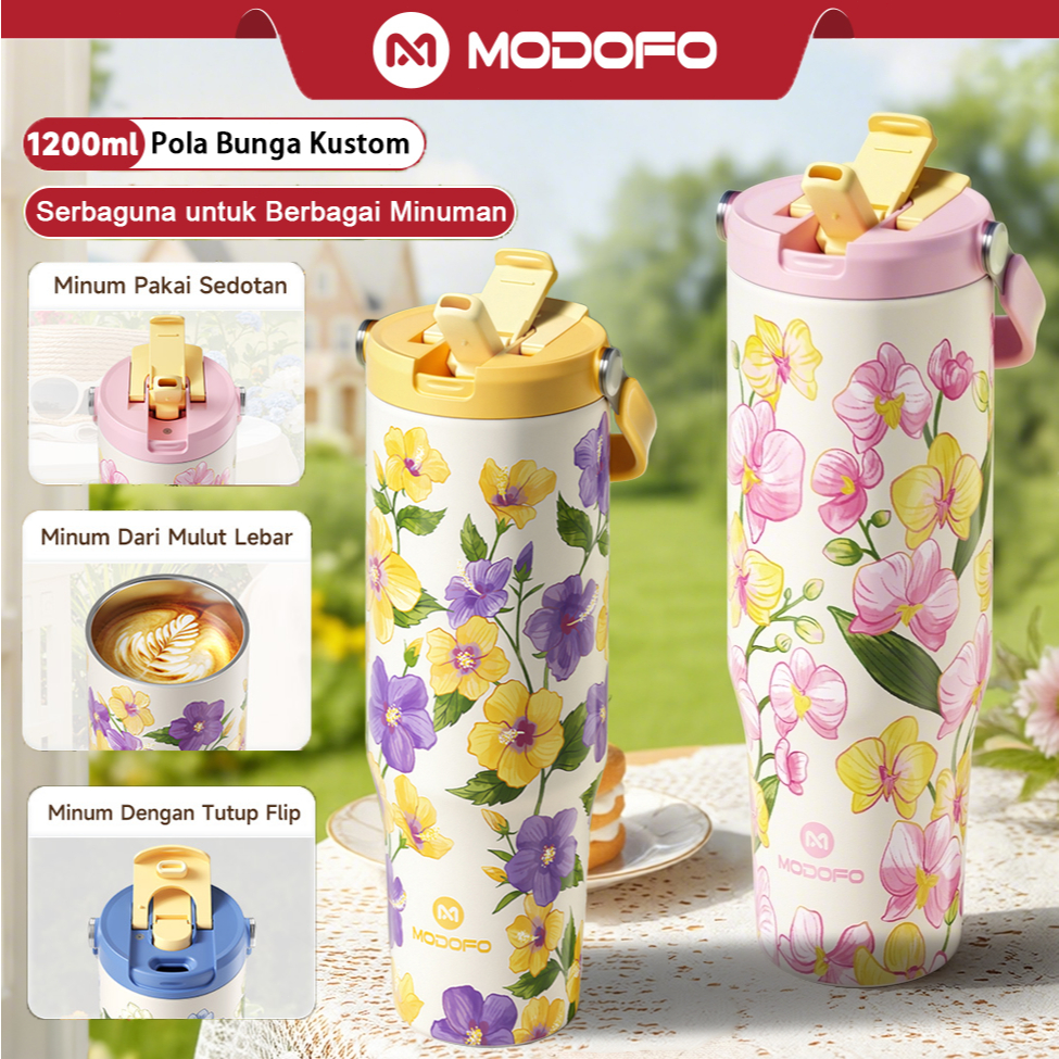 [100%ORI] MODOFO Tumbler Stainless 1200ml Seri Bunga Kustom Botol Minum Aesthetic Tumblr Tahan Panas