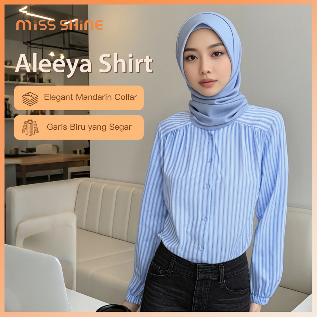 Missshine Kemeja Wanita Blus Atasan Kekinian Warna Biru Motif Stripe Bergaya Korea untuk Gaya Harian