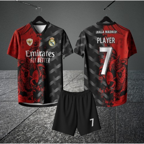 JERSEY PREMIUM  UNISEX REAL MADRID INDONESIA MERAH HITAM FULL PRINTING FREE NICKNAME