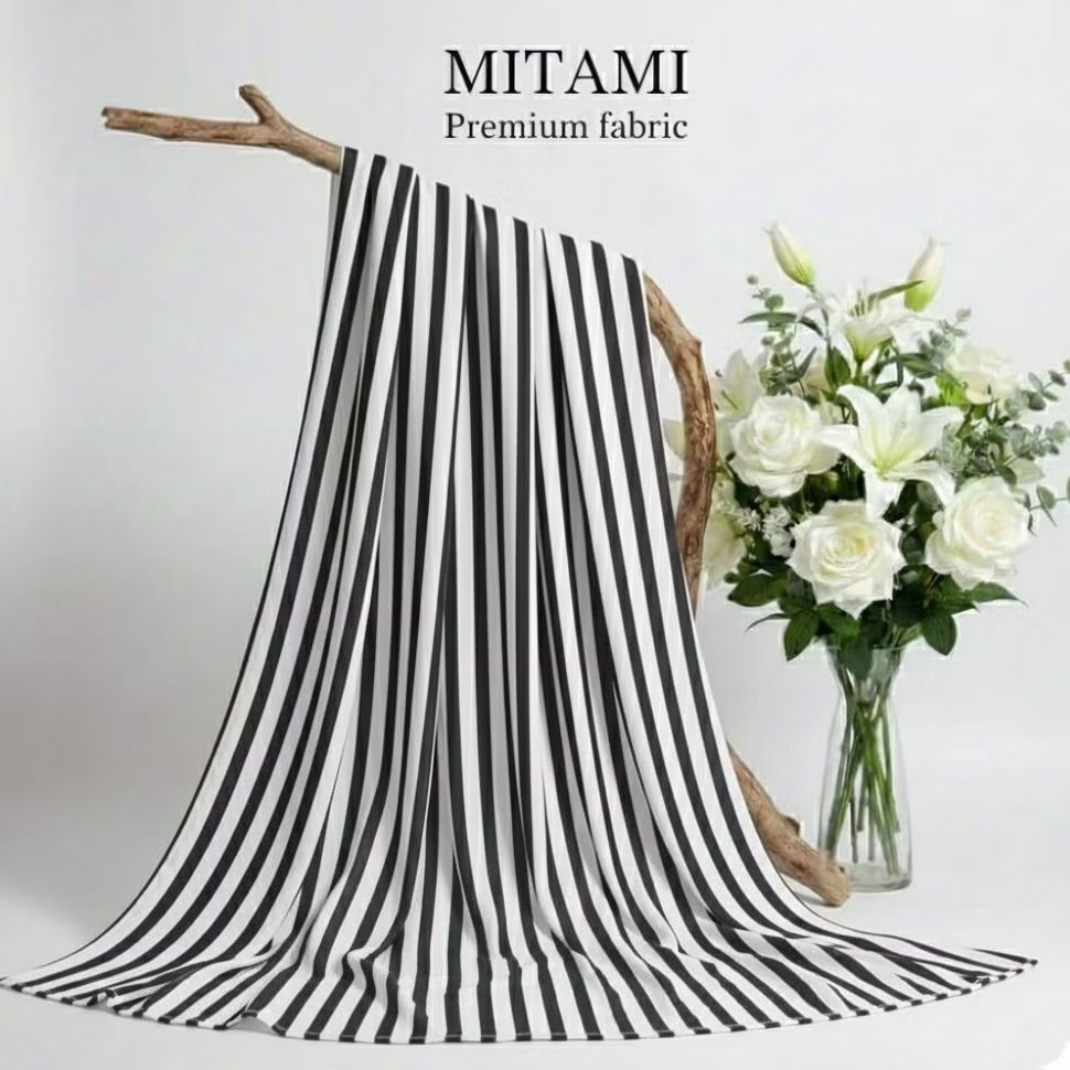 Kain Wolfis Monalisa Motif Salur Hitam Putih - Bahan Striped Woolpeach Premium (Harga Per 0,5)3R