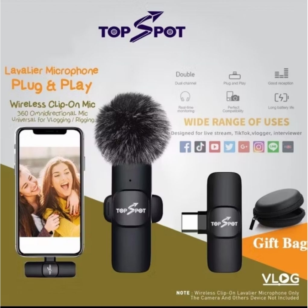 Topspot Mikrofon Nirkabel Lavalier Mic Portabel Audio Video pembuatan Rekaman Wireless Microphone HP