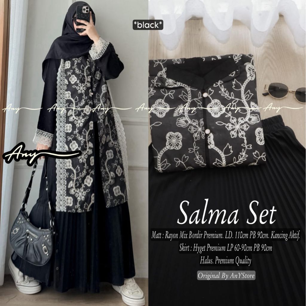 Salma Set setelan tunik rayon mix bordir premium dan rok panjang hyget premium outfit kampus kerja k