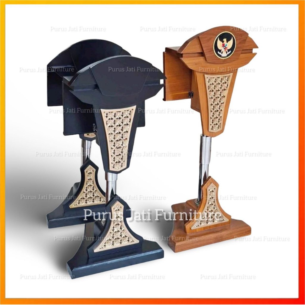Meja Mimbar Podium Stainless Kayu Jati Model Presiden Jokowi Minimalis Hidrolik Multiwarna Kegunaan 