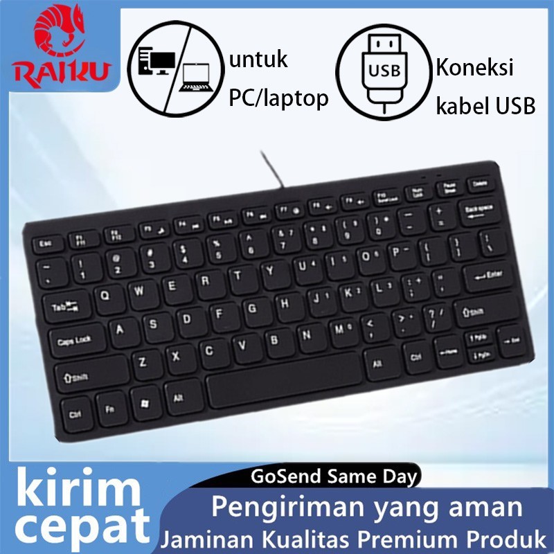 RAIKU Keyboard Mini USB Wired 78Key-Hitam gaming komputer pc silent tipis Keyboard Portabel