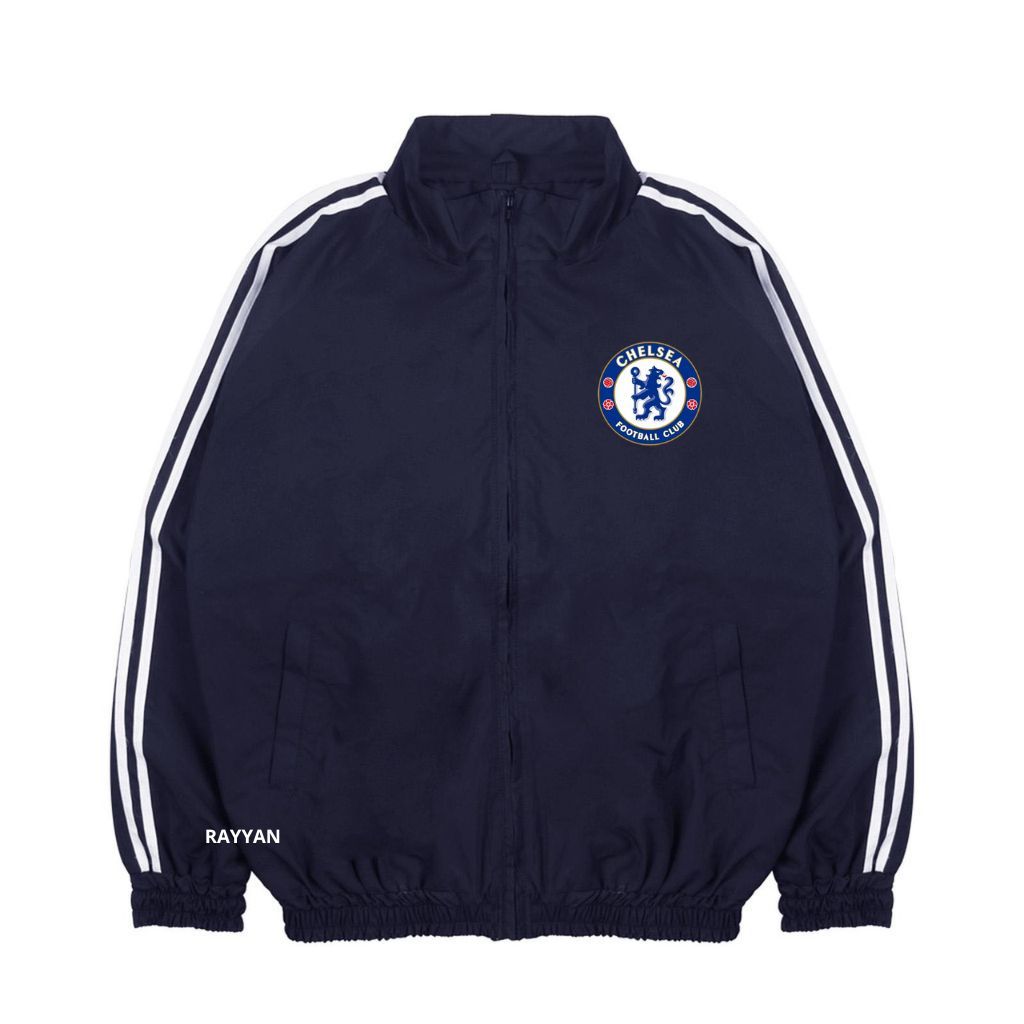 Chelsea Jacket Tracktop Unisex Footbal Club Top Eropa / Dunia Warna Navy Blue Motif List Tangan Puti