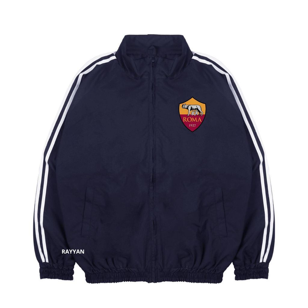 As Roma Jacket Tracktop Unisex Footbal Club Top Eropa / Dunia Warna Navy Blue Motif List Tangan Puti