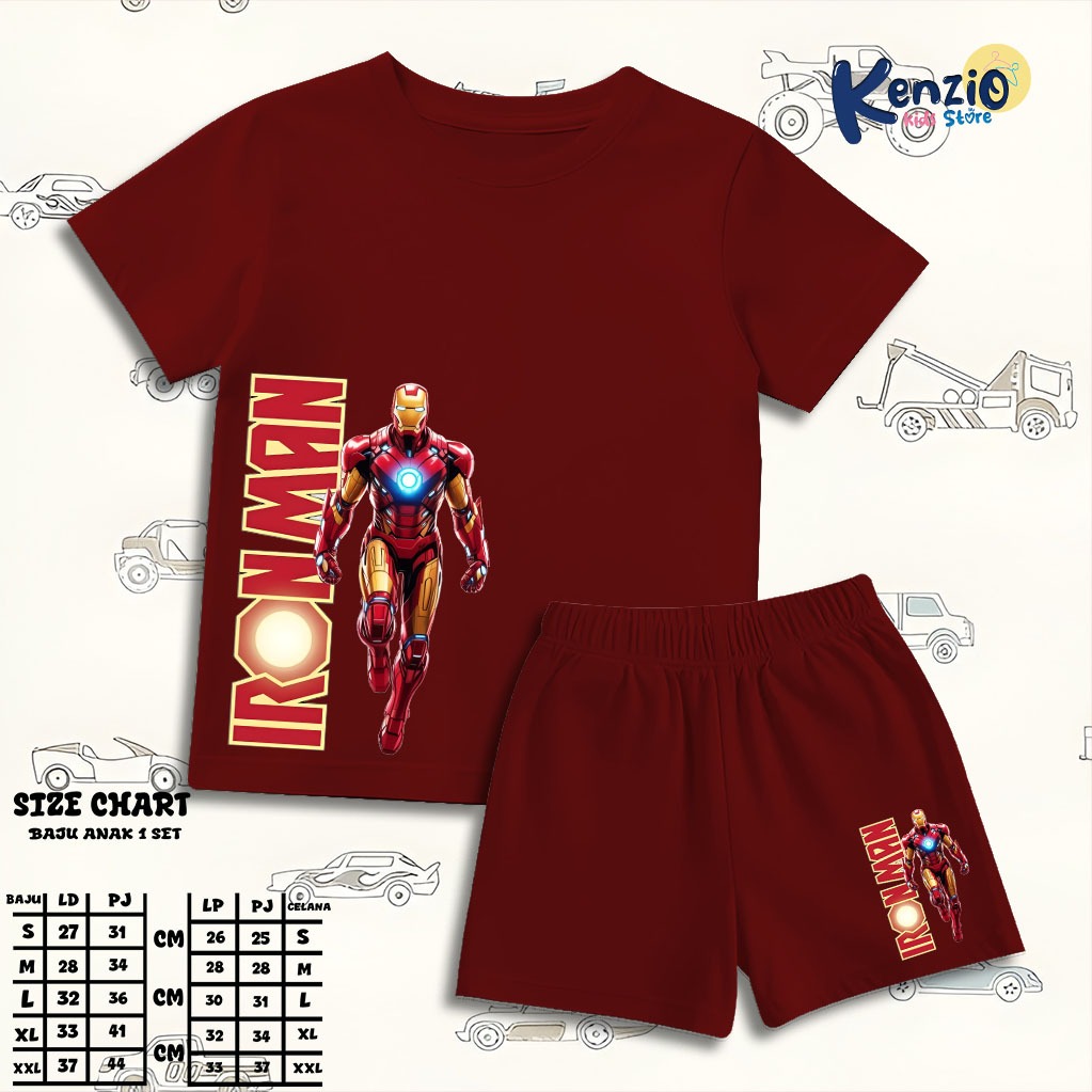 Setelan set baju kaos lengan pendek anak laki laki perempuan unisex murah katun Robot Iron Man