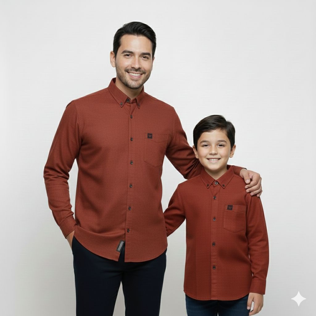 ( HARGA SATUAN ) Kemeja Polos Couple Ayah Dan Anak Lengan Panjang Warna TERACOTA Bahan Katun Cigaret