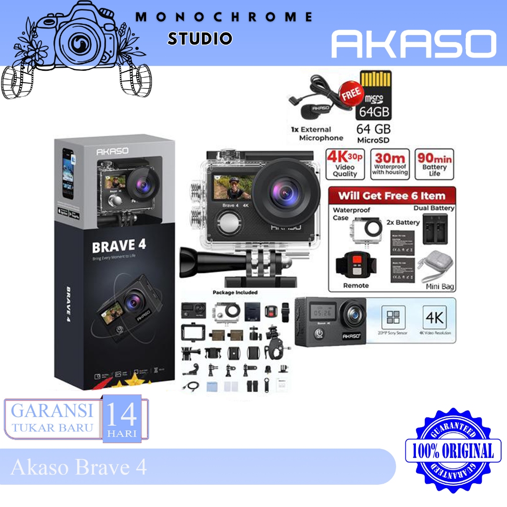 Akaso Brave 4 Action Cam Camera Wifi 4K Waterproof + Remote Original Resmi
