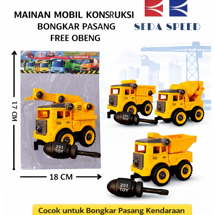 MAINAN ANAK MOBIL TRUK KONSTRUKSI EXCAVATOR + OBENG (PLASTIK) M018B OP Mobilan Plastik