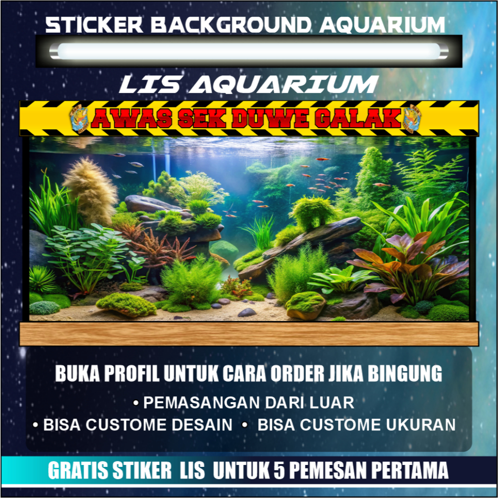 sticker wallpaper lis aquarium kaca depan custome desain tema Awas Sek Duwe Galak