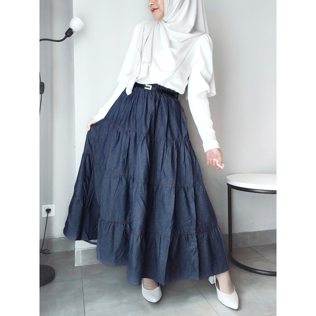 minimalistyle - AURORA Denim Ruffle Skirt Rok Susun Jeans Muslimah Flare Payung Tumpuk Jumbo Panjang