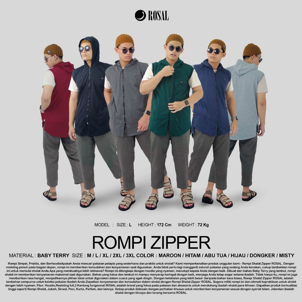 Rompi Sholat Full Zipper ROSAL Pria Dewasa Desain Hoodie Yang Nyaman Resleting Full 2 Kantong Fungsi