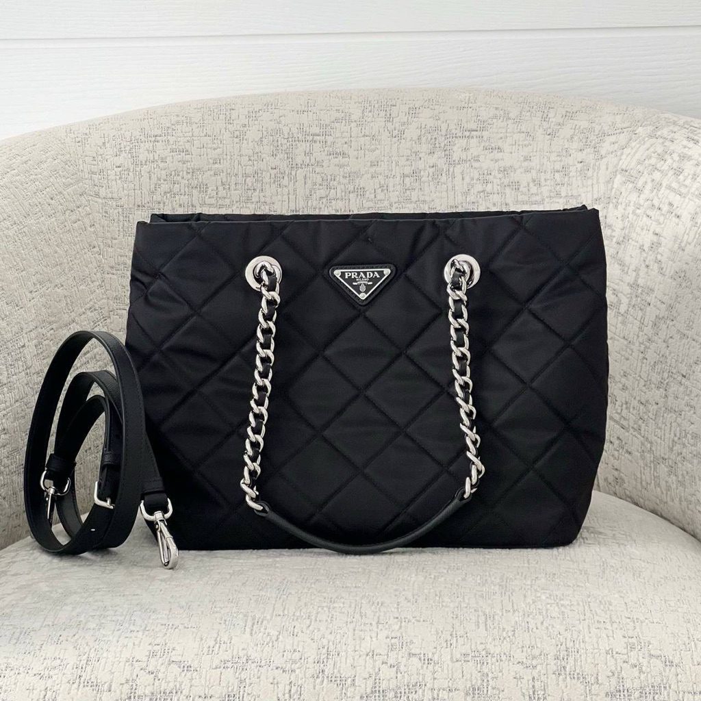 BRAND NEW PRADA Shopping Tessuto Impuntu Quilted Shopper Tote Bag with 2 Way Chain & Leather Strap