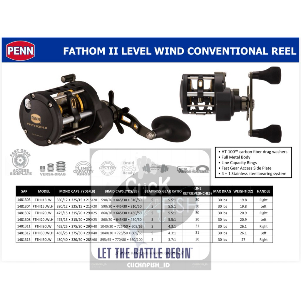 PENN Fathom II FTHII 15LW 20LW 30LW | Level Wind Overhead Reel - Handle kanan & Kiri Full metal body