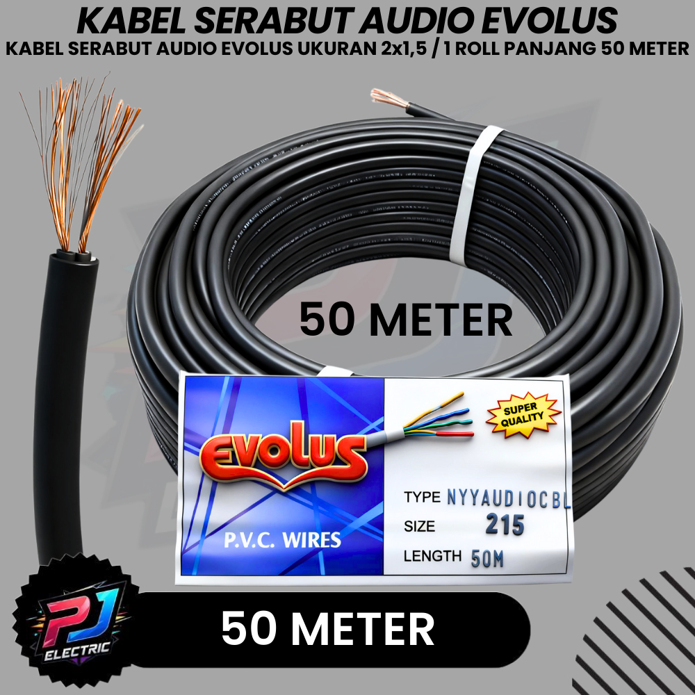 Kabel Serabut 2x1.5 Hitam Kabel Audio Evolus Tahan NYY AUDIO CABLE 1 Roll Panjang 50 METER 2x1.5 Ser