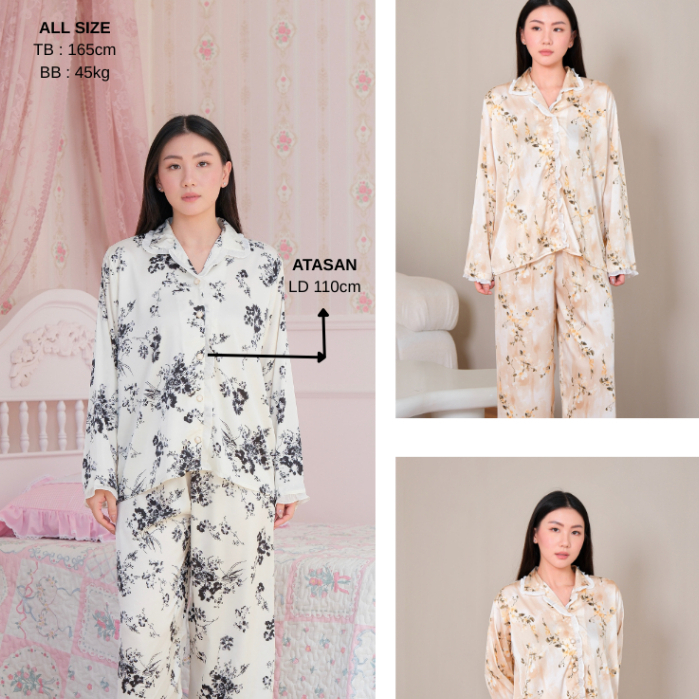 WANITHA - SELLY / Baju Tidur / Setelan Piyama / Kimono / Sleepwear / Satin /Motif Bunga / Lengan Pan