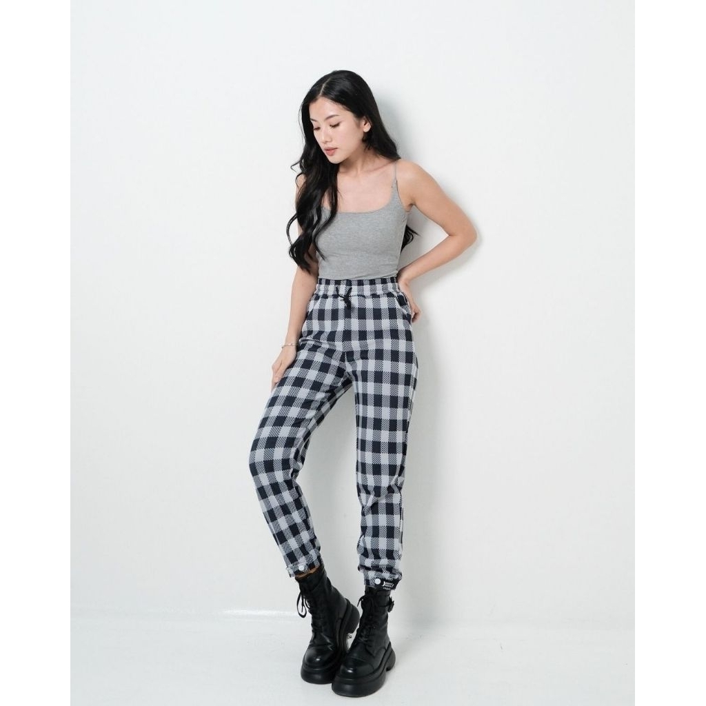 Celana Panjang Wanita Motif Kotak Sooji Scuba Jogger Long Pants