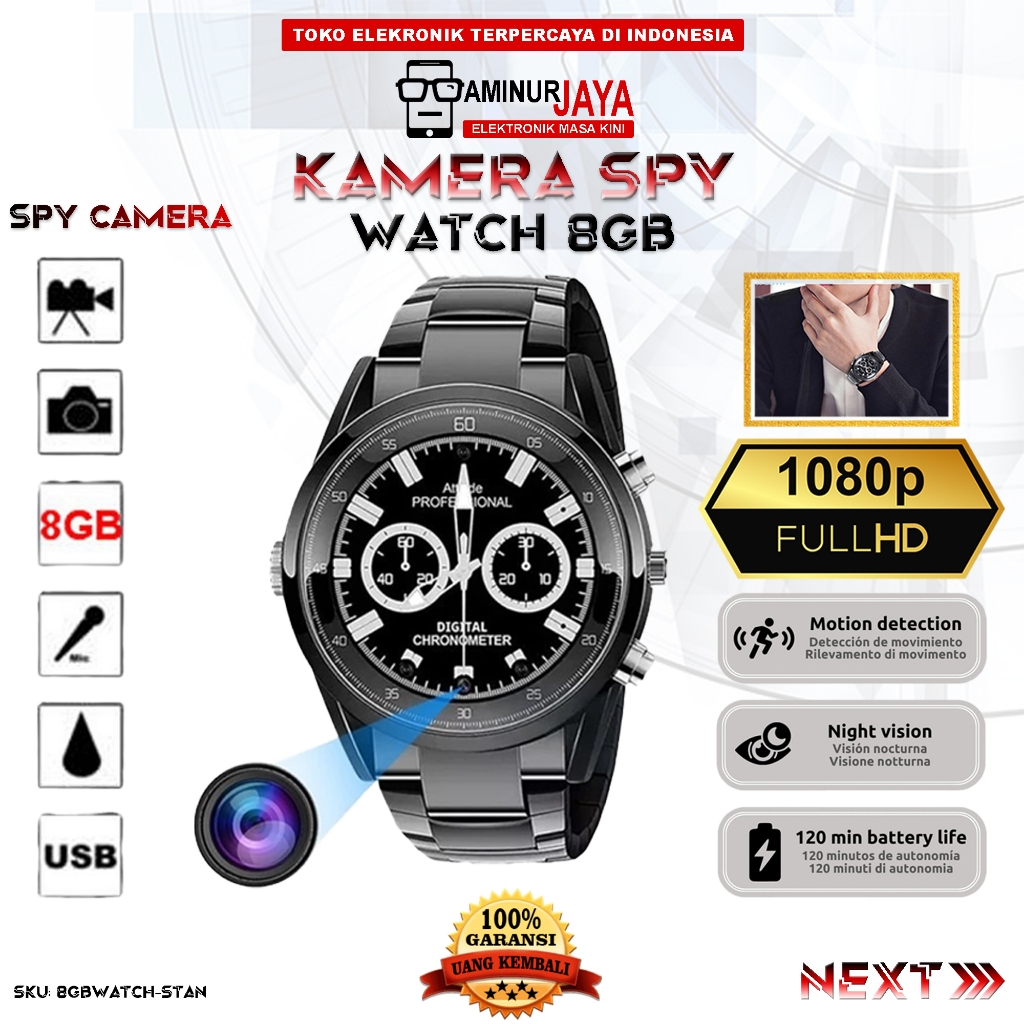 Aminurjaya Jam Tangan Kamera Spy 8GB Smartwatch 1080P Hidden Camera Watch Pengintai 8GBWATCH-STAN