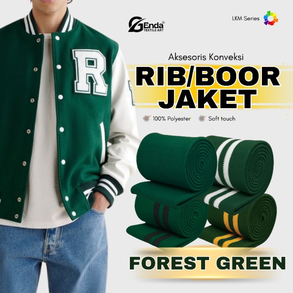 Kain rib bur jaket hijau botol rajut premium lebar kain 90cm untuk karet kerah lengan dan pinggang j