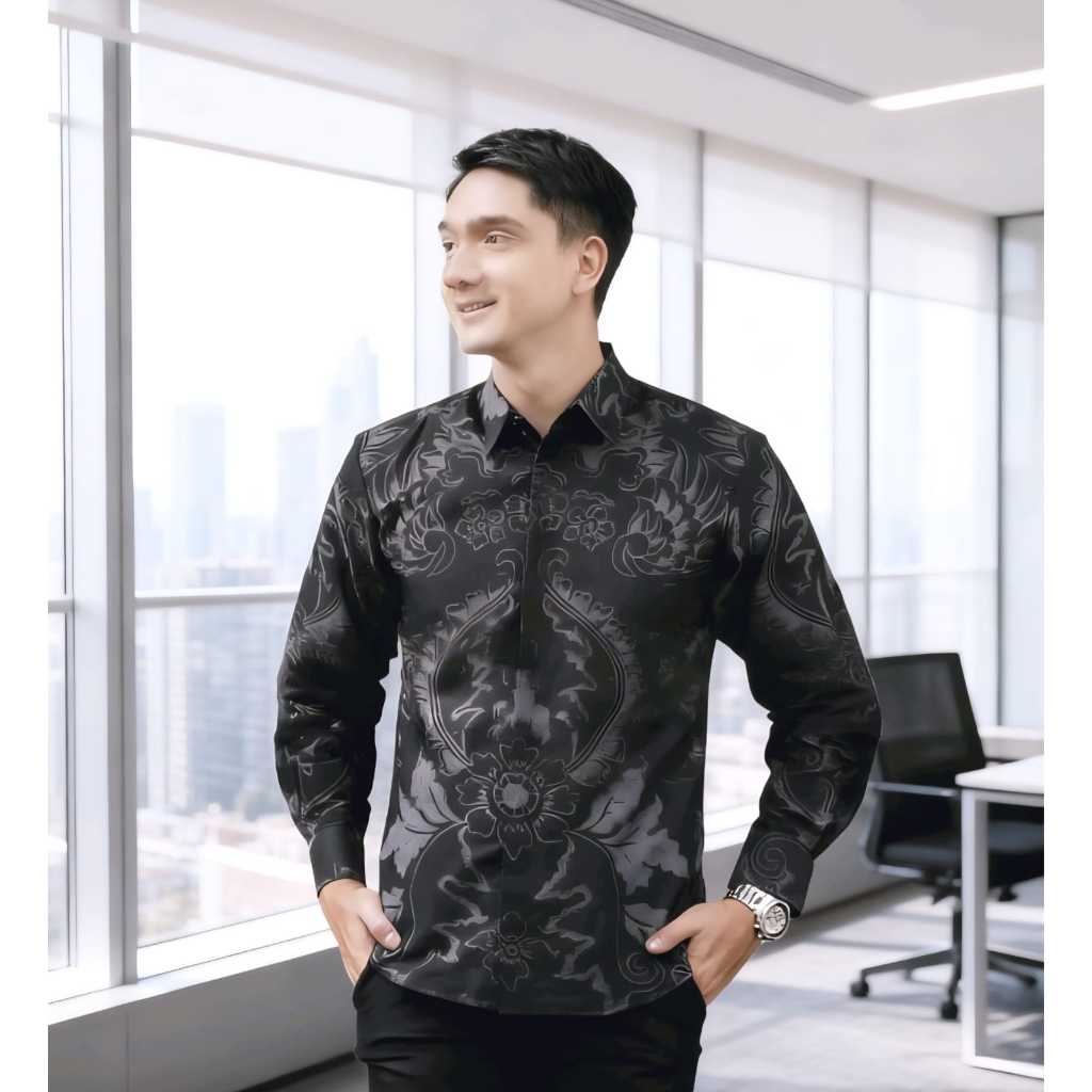 ABU ABU HITAM BAJU BATIK SLIMFIT PRIA LENGAN PANJANG LAPIS FURING