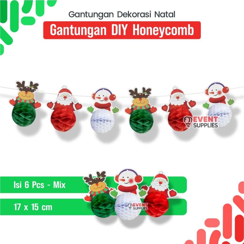 Hiasan Gantungan Natal Honeycomb / Paperfan Pompom Natal Dekorasi Merry Christmas