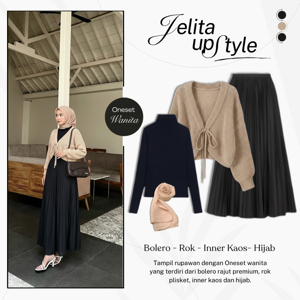 One Set Premium (Bolero Rajut Joly + Rok Plisket + Inner Kaos + Hijab) Setelan Wanita Kekinian - 32