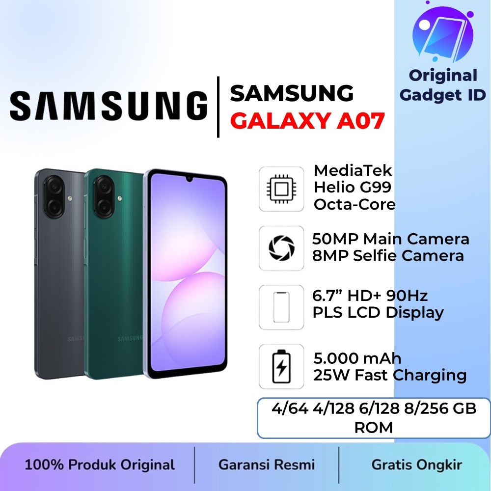 Samsung Galaxy A07 4/64GB | 4/128GB | 6/128GB | 8/256GB 4G Dual-SIM 5000 mAh IP554 - Garansi Resmi