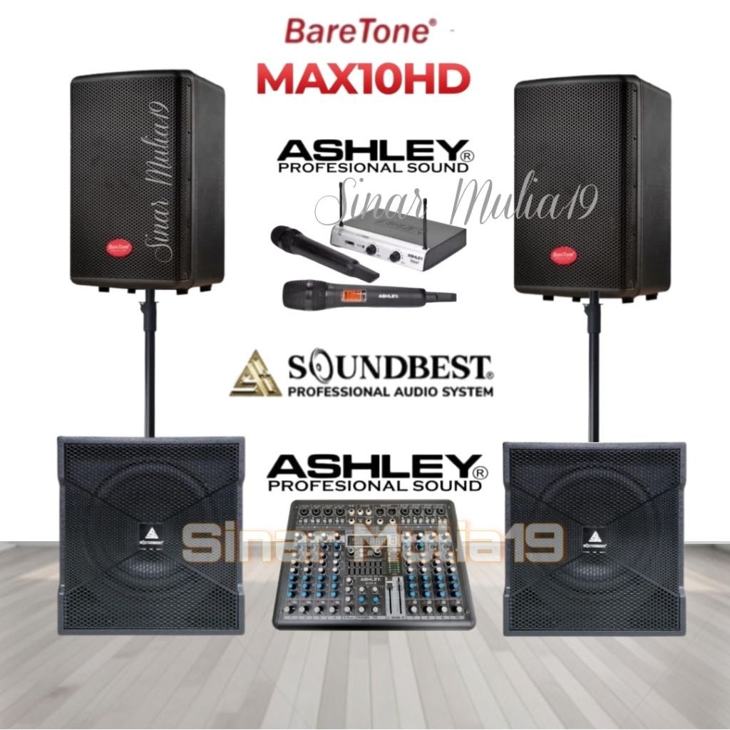 Paket Sound System Karaoke Speaker Aktif 10 Inch BareTone MAX10HD Subwoofer Aktif 12 Inch Soundbest 