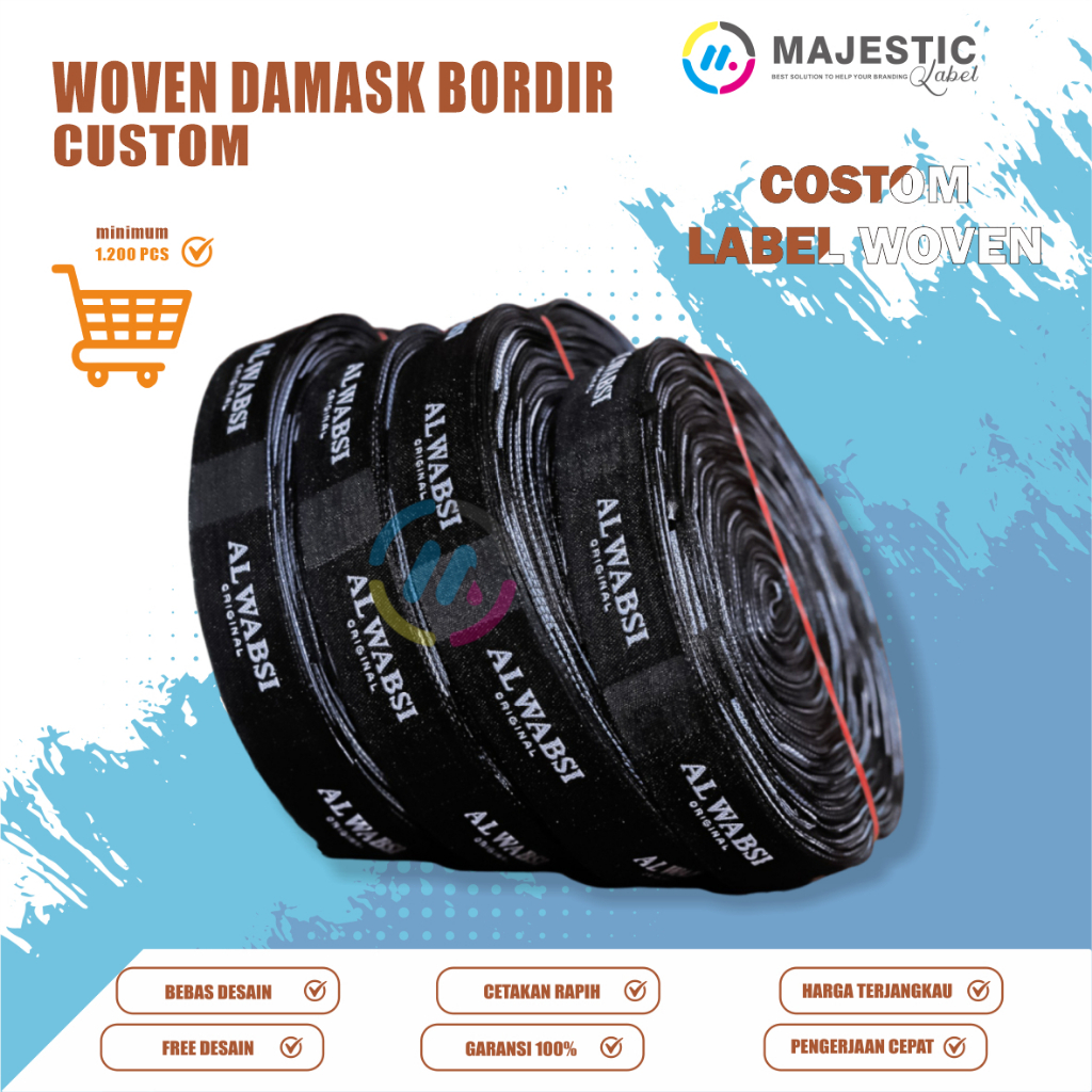 woven label baju custom, 1,5 x 6 cm/ woven damask/ woven brand bening 300 lusin