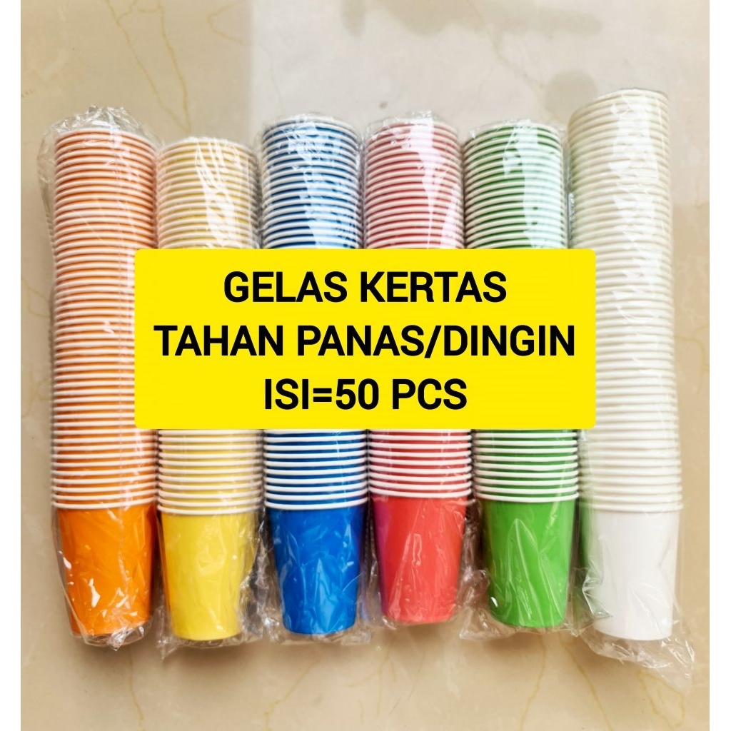 Cup Kertas/Gelas Kertas/Gelas Kopi/Cup Kopi/Paper Cup Warna Warni/Tutup Gelas (isi=50 pcs)