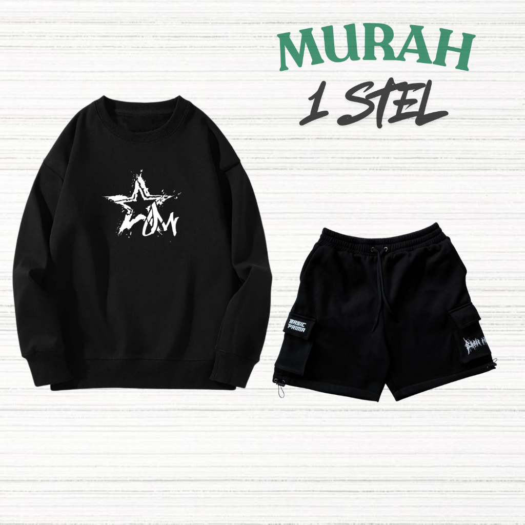 Oneset Crewneck Switer Dan Celana Pendek Cargo Pria Wanita Distro Setelan Sweater Oblong Terlaris Se