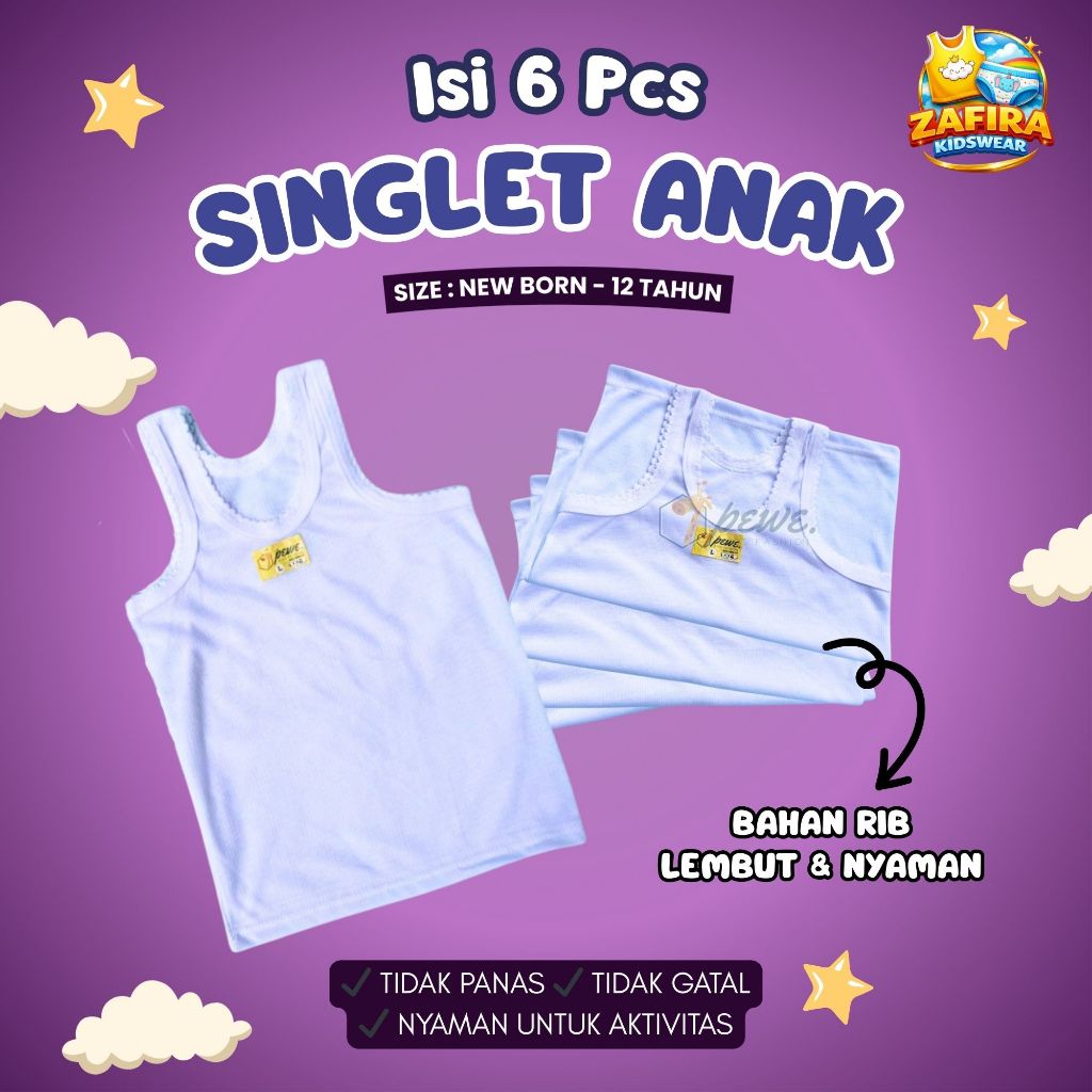 Isi 6 Pcs atau 1/2 Lusin Kaos Singlet Putih Anak Perempuan dan Laki laki - Kaos dalam Oblong - Size 
