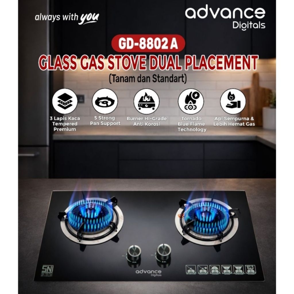 ADVANCE KOMPOR GAS KACA TANAM 2 TUNGKU GD-8802A