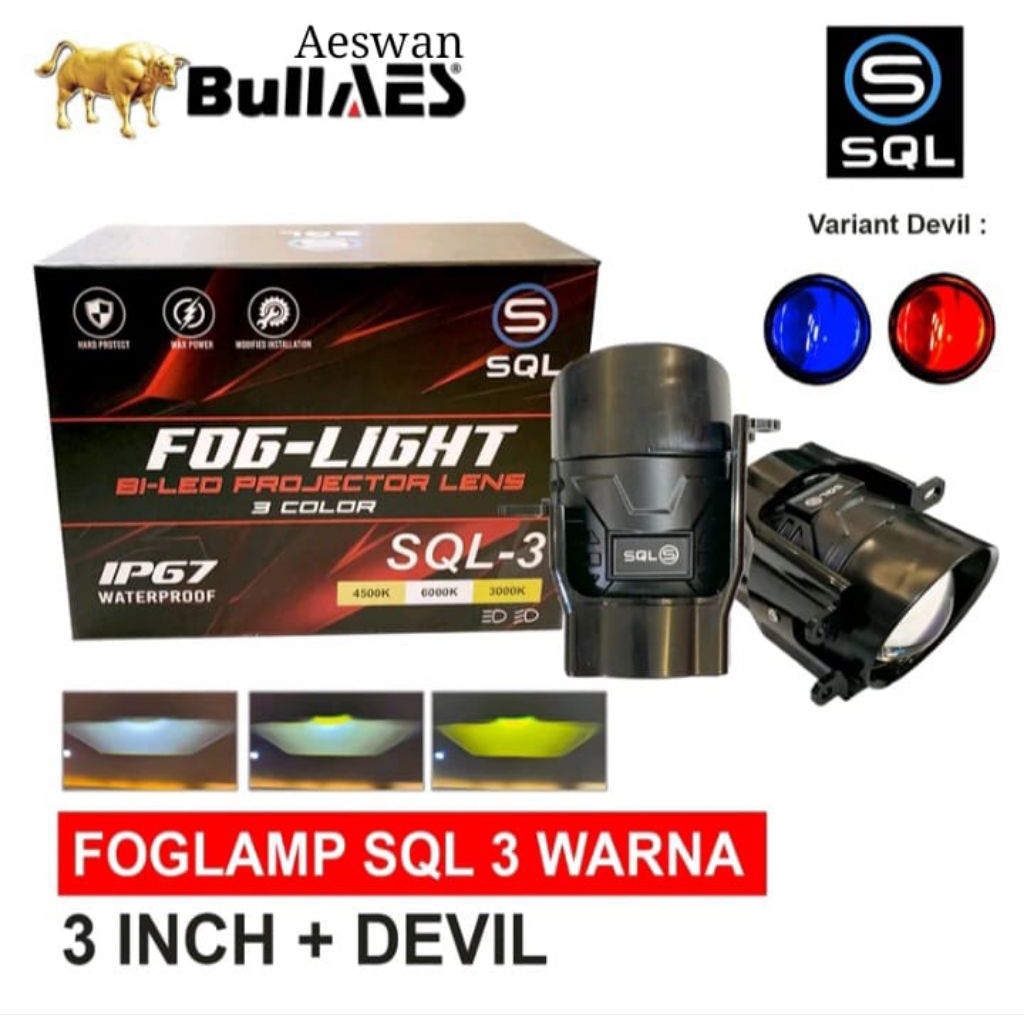 Lampu Foglamp Biled 3 Inch SQL Bluelens Projector 3 Warna Devil waterproof Bracket Komplit FOGLAMP M