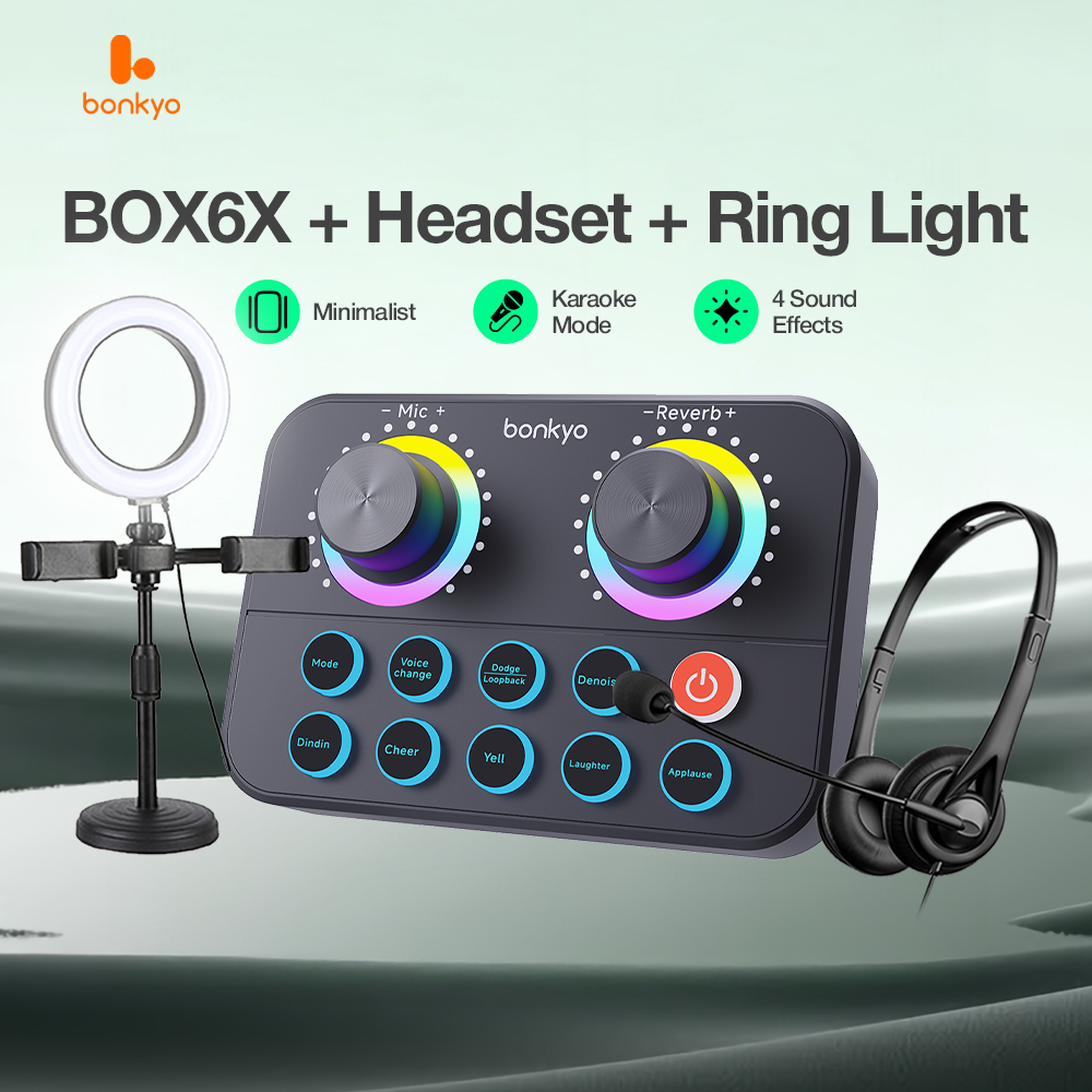 Bonkyo Soundcard BOX6X + Headset + Ring Light - Soundcard Live Stream Karaoke Anti Kebisingan Efek S