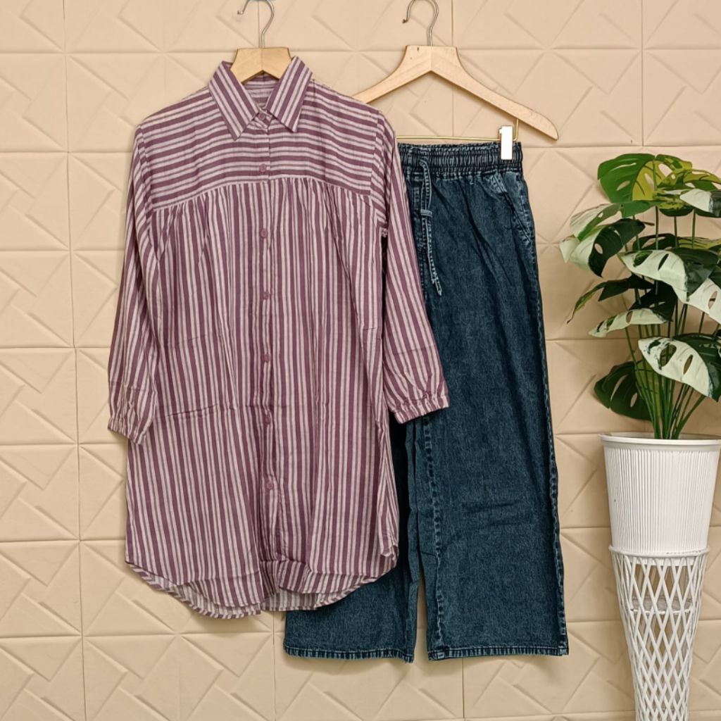 Setelan Wanita Atasan Tunik Motif Salur One Set Celana Kulot Jeans Panjang Tarlaris