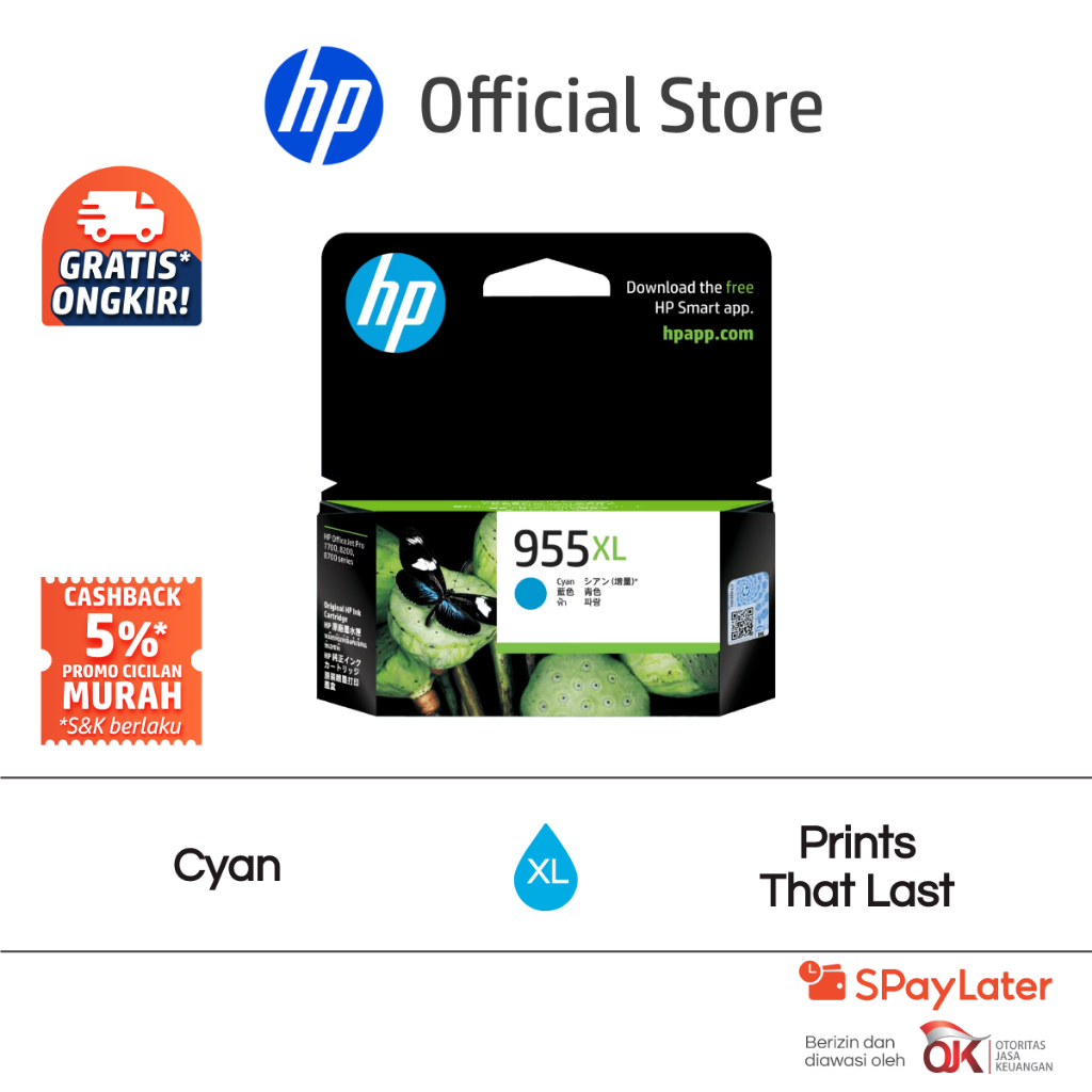 Tinta HP 955XL High Yield Cyan Original Ink Cartridge / Warna / Cartridge Asli / Promo Murah Gratis 