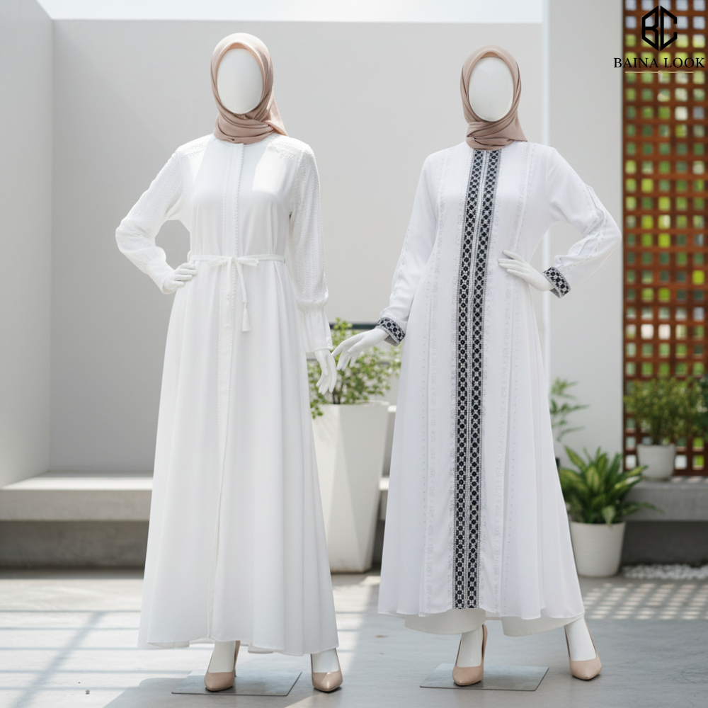 Abaya Putih Premium Gamis Syari Muslimah Elegan Mewah Adem Busui Friendly Lebaran Kondangan