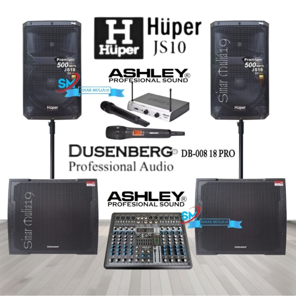 Paket Sound System Speaker 15 Inch Huper JS10 Subwoofer Aktif 18 Inch DusenBerg dB 18 Pro Mixer Ashl