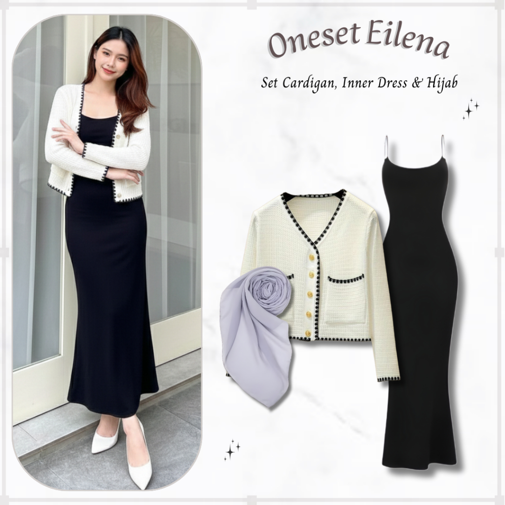 Eilena One Set 3in1 Wanita Korean Style | Oneset Cardigan List Hitam + Inner Dress + Hijab Abu Muda 