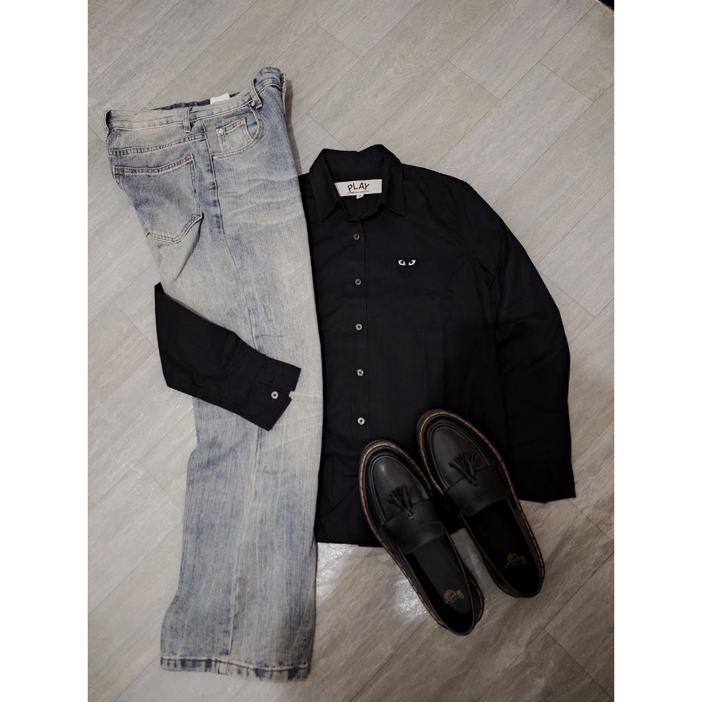 Kemeja Shirt CDG Black in Black Play Pria Wanita Cotton Second Original