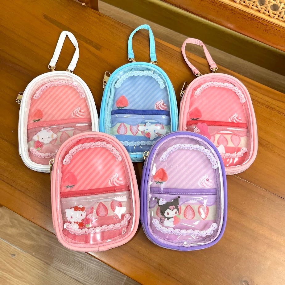 Pouch Boneka Sanrio Kuromi Hello Kitty Melody Kuromi Cinnamorol Cogimyun PVC Sintetis Tas Tali Ganci