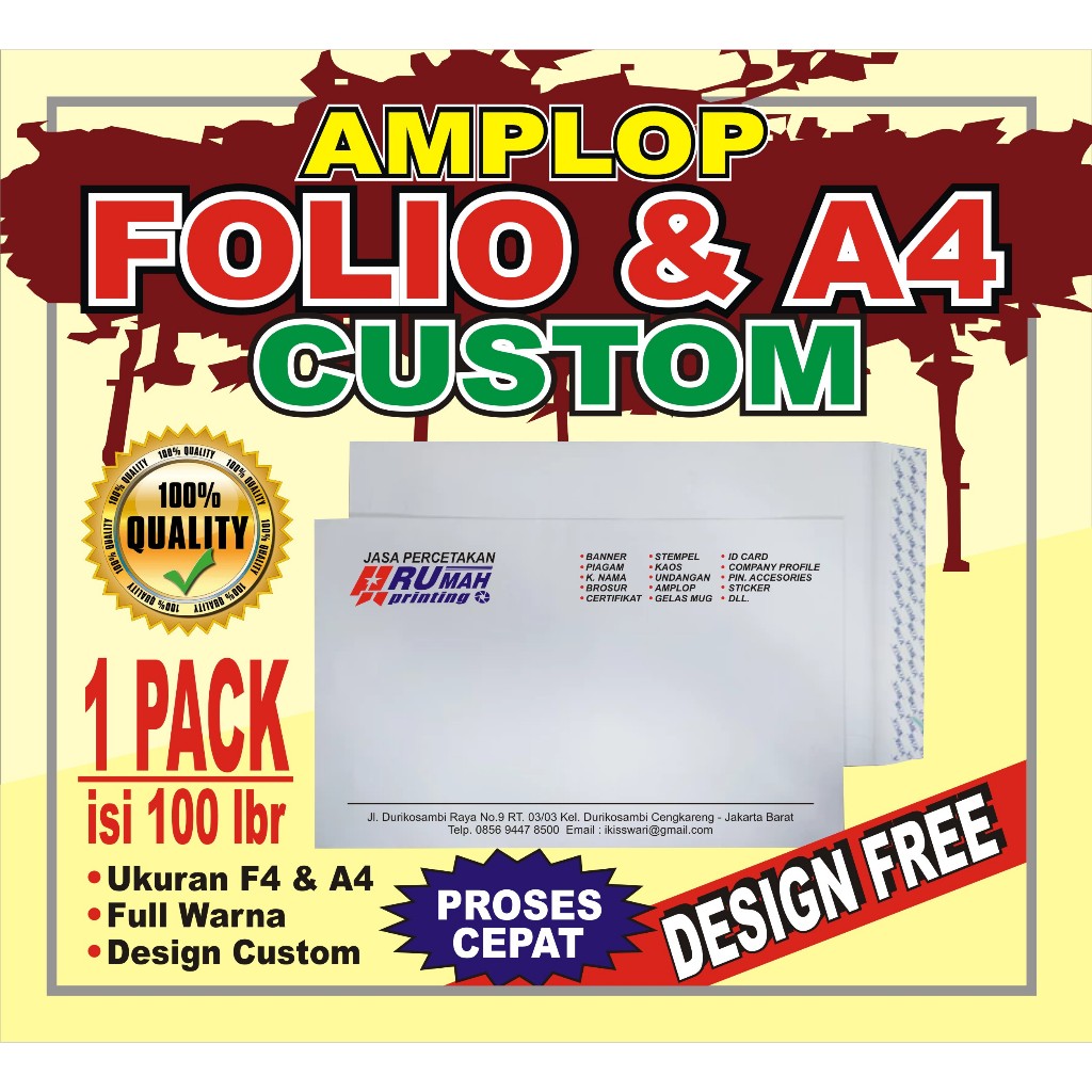 Cetak Amplop Folio / F4 / A4 Kop Surat Custom Full Warna