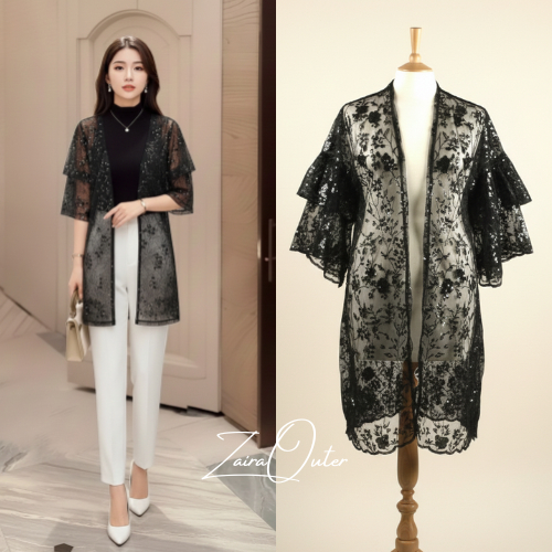 Zaira Outer - Outer Brokat Lace Payet Premium Rompi Kimono Tunik Kondangan Renda Lapis Bertingkat