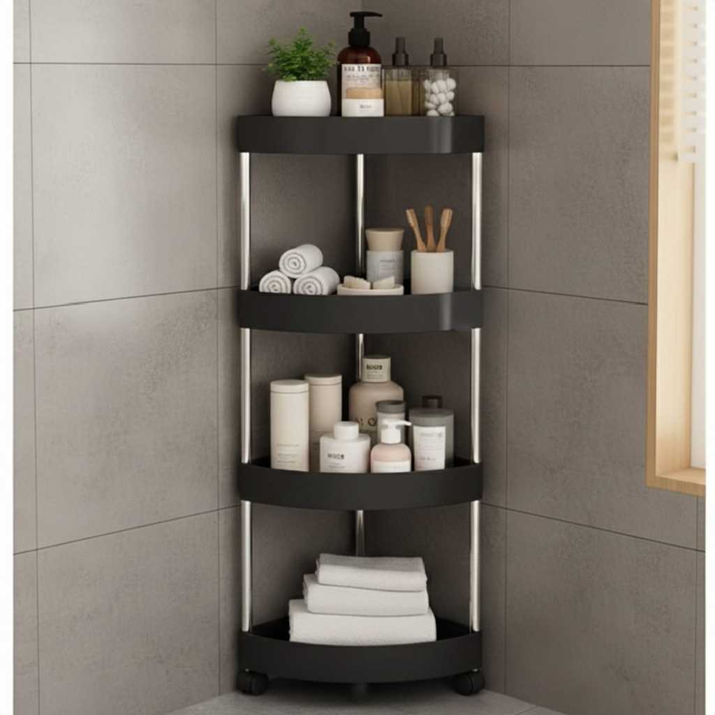 Rak Sudut Kamar Mandi 4 Susun Roda – Rak Penyimpanan Serbaguna Tiang Besi Kokoh
