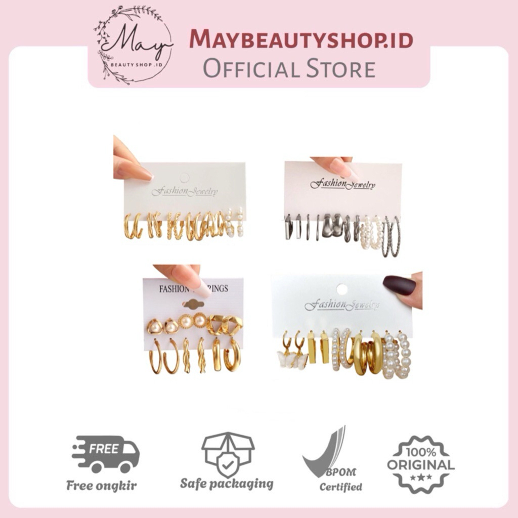 6 Set Anting Emas Perak Elegant | Anting Mutiara Aksesoris Perhiasan Wanita