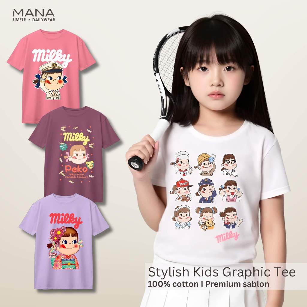 baju kaos t shirt milky peko pocky fujiya anak perempuan - kaos milky pocky peko korean style lucu