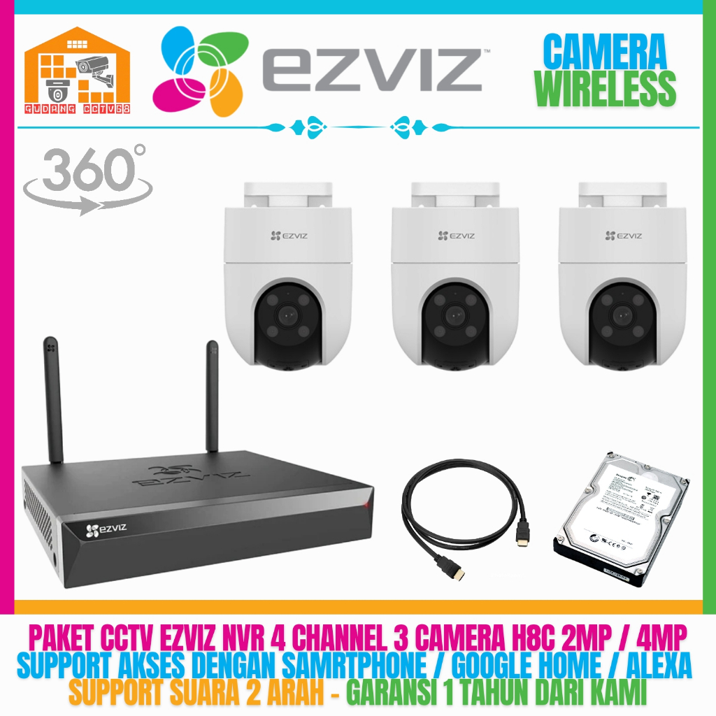 PAKET CCTV EZVIZ KAMERA OUTDOOR WIRELESS NVR 4 CHANNEL 3 KAMERA 4MP - 2MP KOMUNIKASI DUA ARAH IP KAM