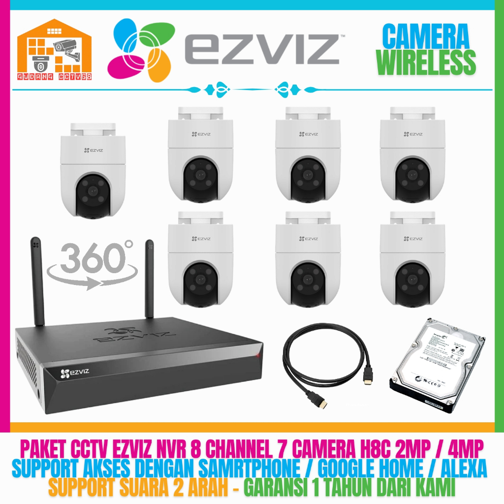 PAKET CCTV EZVIZ KAMERA OUTDOOR WIRELESS NVR 8 CHANNEL 7 KAMERA 4MP - 2MP KOMUNIKASI DUA ARAH IP KAM